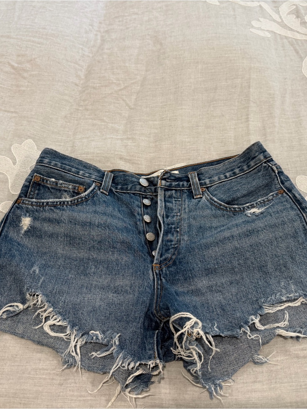 Denim Forum Distressed Button-Front Jean Shorts - Blue